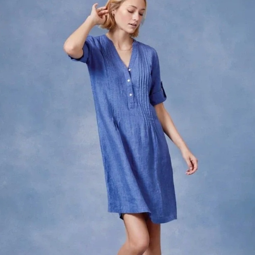 J. McLaughlin Riviera Linen Dress Medium Blue Pintuck Coastal Casual Classic